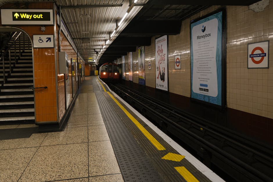 The image depicts an underground London tube station platform with a train approaching in the distance. The platform is lined with beige tiled walls, featuring several posters and advertisements, including a large blue Moneybox poster and a smaller red one. Along the edge of the platform, there is a tactile paving strip with yellow warning lines where passengers should stand to stay safe while waiting for the train. To the left, a staircase with black handrails leads upward, with a bright yellow 'Way out' sign mounted above it. There is also a blue sign indicating disability access nearby. The station floor is made of polished, speckled tiles, and the ceiling features a metal lining with integrated lighting. This setting represents a typical London underground station environment, which Hounslow Movers might encounter during home relocation logistics that involve transporting furniture and boxes via public transport or planning for efficient moving logistics support.