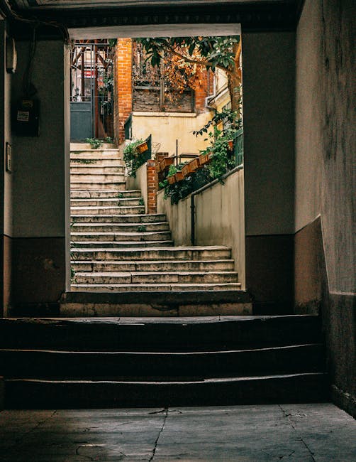 A view from inside an underground parking area looking out through an open doorway at a short flight of external stairs made of weathered stone leading to a sidewalk and residential area. The stairs are flanked by a white concrete wall on the right and a brick wall with potted plants on the left. Beyond the stairs, there are brick buildings with windows and balconies, and lush greenery including trees and shrubs. The scene captures the initial stage of a home relocation process, illustrating the access points and stairway navigation involved in furniture transport or packing and moving activities, while the natural daylight highlights the textured surfaces of the stairs and surrounding environment.